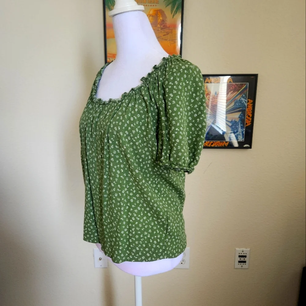 Reformation Green Floral Puff Sleeve Blouse